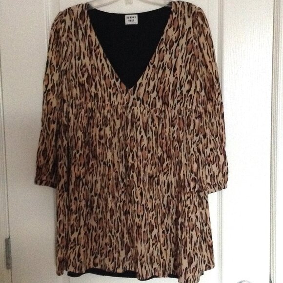 Sunday Best Women's Empire Waist Baby Doll Leopard Animal Print Mini Dress Tunic - Picture 2 of 8